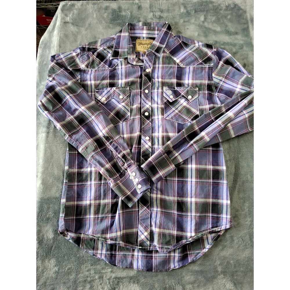 Wrangler Retro Mens Purple Plaid Long Sleeve Western Pearl Snap Shirt MVR469M